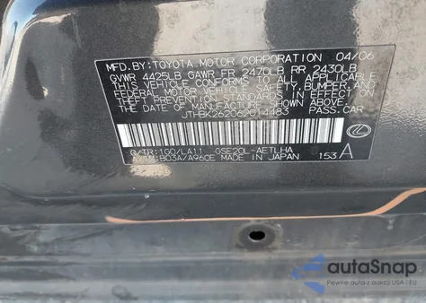 2006 Lexus Is 250 z USA, uszkodzony, nr VIN JTHBK262062014483